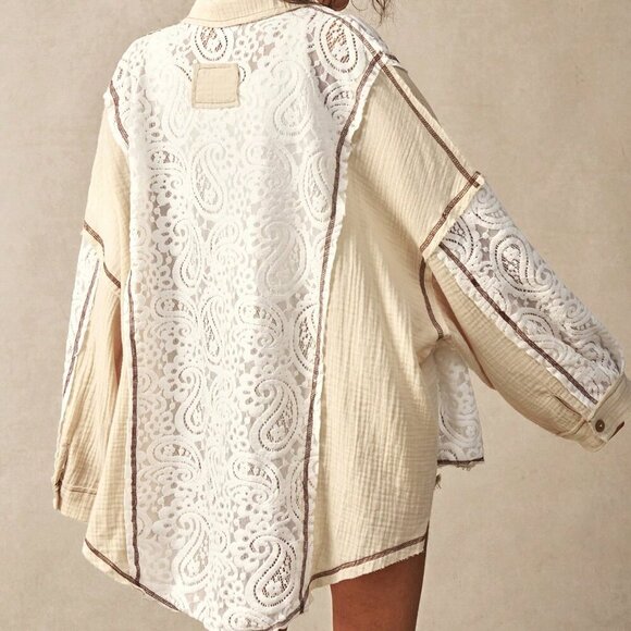 Multicolor Casual Women's Woven Contrast Lace Loose Lapel Front Open Blouse - Picture 4 of 7